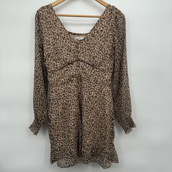 Abercrombie & Fitch Long Sleeve Ruffle Hem Mini Dress Leopard Print Smocked - Picture 1 of 12